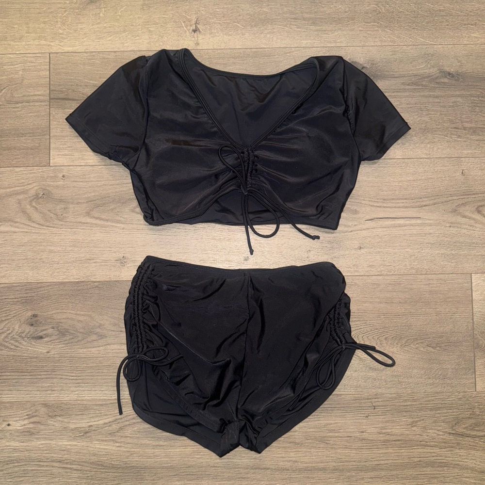 Black Ruched Crop Top and Shorts Set